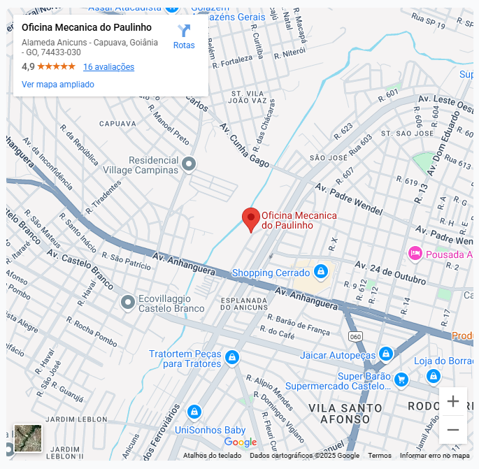 Mapa da localização da Oficina Mecânica do Paulinho em Goiânia - Alameda Anicuns, Quadra 24, Lote 25, Bairro Esplanada do Anicuns, CEP 74433-030